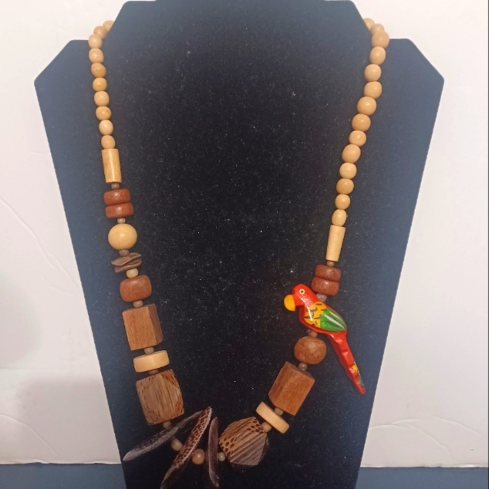 Vintage Handcrafted Wooden Beaded Necklace with Parrot Charm - Picture 1 of 9